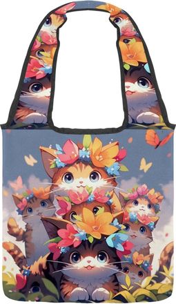 Generic Colorful Cartoon Kitten Reversible Canvas Shoulder Tote - Double-Sided Print, 12oz Cotton, 27cm Drop, Fold-Flat Bag for Travel, Shopping, Street Outin