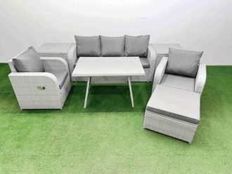 Fimous Reclining Chair 3 Seat Sofa Set Garden Furniture Set with 2 Side Table in Light Grey