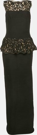 Tadashi Shoji Black Lace And Pleated Jersey Peplum Sleeveless Gown