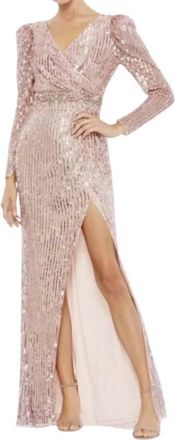 Mac Duggal Womens Sequin Puff Sleeve Gown In Rose Pink