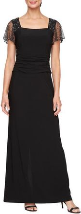 S.L. Fashions Beaded Sleeve Ruched Waist Gown in Black at Nordstrom, Size 12P