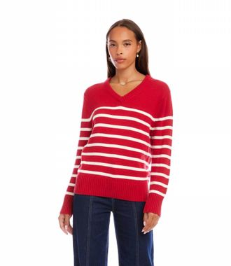 Karen Kane Stripe V-Neck Sweater In Red With Off White