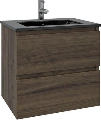 Saniclass Chaci Badkamermeubelset - 80x45x55cm - keramische wastafel mat zwart - 1 wasbak - 1 kraangat - 2 lades - noten