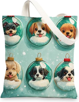 Generic Merry Christmas Balls Pet Canvas Tote Bag for Shopping 13x15, Fun Dog Happy Xmas Reusable Grocery Print Bag for Women, Holiday New Year Beach Aestheti