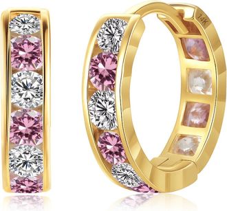 MAX + STONE Solid 14K Yellow Gold Cubic Zirconia Huggie Hoop Earrings in White, Pink or Red