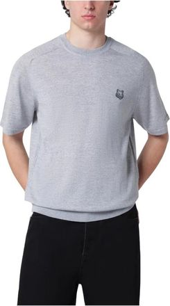 Maison Kitsun&eacute; Round-neck Knitwear, male, Gray, Size: 2XL Fox Head Short Sleeve Jumper