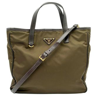 Prada Dark Brown Khaki Nylon Leather Shoulder Bag Tote Bag (Pre-Owned)