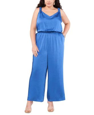 Vince Camuto Jumpsuit Womens Blue Cinched Waist Wide Leg Shoulder Strap FTS1228