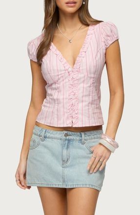 Edikted Georgia Ruffle Stripe Cotton Button-Up Shirt in Pink at Nordstrom, Size X-Small