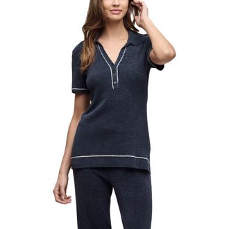 Barefoot Dreams CozyChic Ultra Lite Contrast Stripe Rib Polo in Indigo-Pearl at Nordstrom, Size X-Large