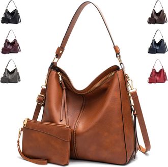 Generic Vintage PU Vegan Leather Handbags and Purse Sets for Women Fashion Tote Hobo Bags Shoulder Satchel Handbag Zip Wallet, B-brown