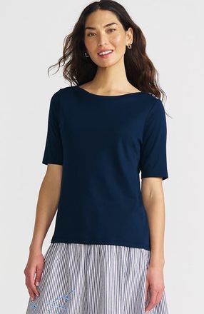Lands End Supima Cotton Elbow Sleeve Boatneck Button Shoulder Tee in Radiant Navy at Nordstrom, Size X-Large P