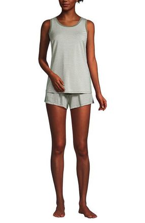 Lands End Cooling 3 Piece Pajama Set - Robe Tank and Shorts in Sage Mini Stripe at Nordstrom, Size X-Large