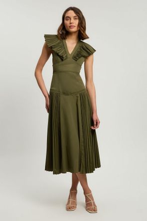 Karen Millen Womens Cotton Poplin Pleat Detail Woven Midi Dress - Khaki - Size 16 UK