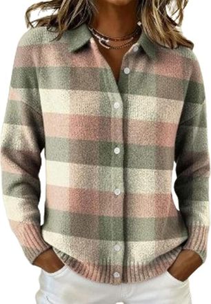 Generic Womens Plaid Print Casual Button-Down Cardigan Sweater, Long Sleeves, V-Neck, Short Casual Style. (Pink Apricot Tea Green Check,L)