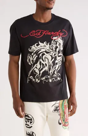 Ed Hardy Rhinestone Horses Boxy Graphic T-Shirt in Vintage Black at Nordstrom Rack, Size Medium