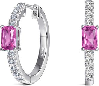 MAX + STONE 925 Sterling Silver Emerald Cut Round Gemstone Hoop Earrings with Cubic Zirconia