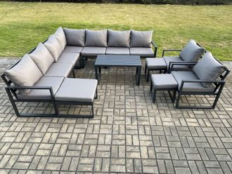 Fimous Aluminium Outdoor Garden Furniture Set Lounge Corner Sofa Oblong Coffee Table 2 Pcs Chair Sets with 3 Footstools Dark Grey