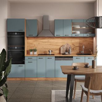 Vicco Mueble De Cocina R-line, Roble Azul-gris-dorado, 300 Cm Con Armario Alto, Sin Encimera