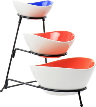 Gibson Home Crenshaw 4 Piece Hand Painted Stoneware 3-Tier Serving Bowl Set with Metal Rack