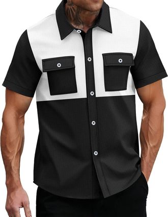 Generic Pocket T Shirts for Men Waffle Shirt Two Pockets Short Sleeve Button Down Colorblock T-Shirt Casual Work Vintage Tops Camisetas para Hombre(Black, M)