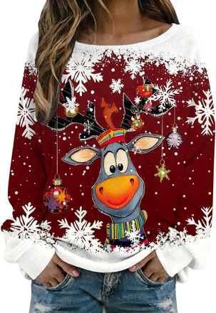 Generic Funny Christmas Jumpers for Women Ugly Christmas Jumper Reindeer Snowflake Design Ladies Long Sleeve Loose Fit Pullover Top Xmas Jumpers for Women