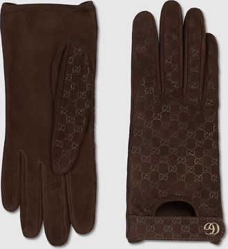 Gucci GG Leather Gloves With Double G, Brown