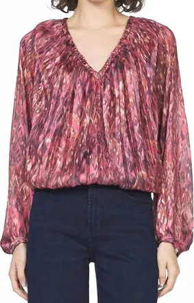 Dear John Denim Piaf V Neck Balloon Sleeve Top In Pomegranate