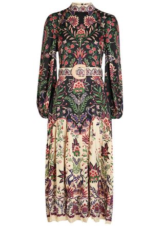 Farm Rio Marvelous Garden Floral-print Satin Midi Dress - Black - S (UK8-10 / S)