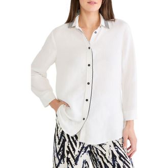 Nic+Zoe Stripe Trim Linen Blend Button-Up Shirt in Paper White at Nordstrom, Size Xx-Large