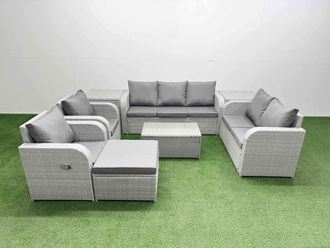 Fimous PE Rattan Garden Furniture Set Adjustable Chair Sofa Double Love Seat 2 Seater Sofa Lounge Set Oblong Coffee Table Big Footstool 2 Side Table