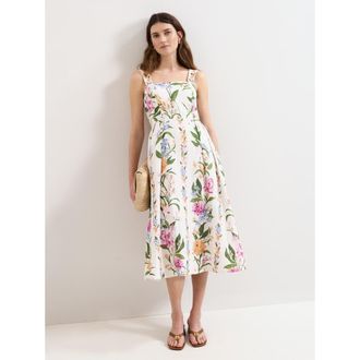 Phase Eight Lucia Linen Blend Square Neck Midi Dress in Multi at Nordstrom, Size 12
