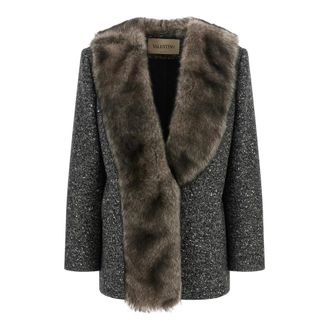 Valentino Garavani Jassen, Dames, Zwart, XS, Wol, Enkelrijige Chevron Boucl&eacute; Caban met Shearling