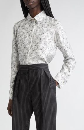 Max Mara Rodesia Bow Print Silk Twill Button-Up Shirt in White Black at Nordstrom, Size 14