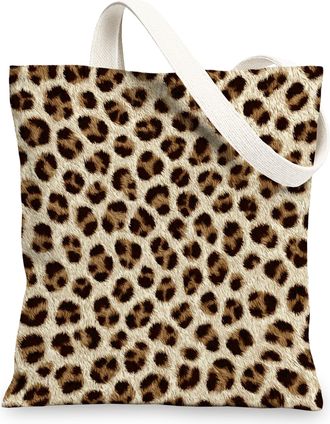 Generic Leopard Print Canvas Tote Bag, Chic Reusable Shopping Bags, Animal Pattern Lightweight Shoulder Strap Bags 13x15 Inch
