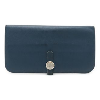 Herm&egrave;s Blue Leather Long Wallet (Bi-Fold) (Pre-Owned)