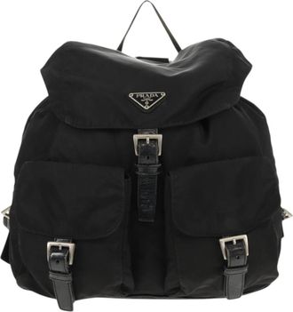 Prada Vela Double Front Pocket Backpack Tessuto With Saffiano Leather Black Nylon Backpack Bag (Pre-Owned)