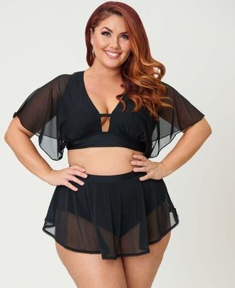 Unique Vintage Plus Size Flutter Sleeve Swim Top in Solid Black at Nordstrom, Size 3X