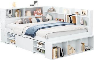 STILVORA Cama Combinada 140 X 200 Cm De Contrachapado, Cama Individual Con Cajones, Estantes Y Almacenamiento, Sin Colch&oacute;n, Blanco