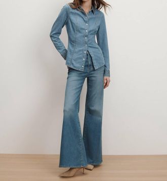 Veronica Beard Eddie Embellished Chambray Shirt In Riviera Breeze