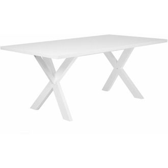 Beliani Tavolo da Pranzo in Legno Massiccio Bianco con Gambe a X 100 x 180 cm Lisala
