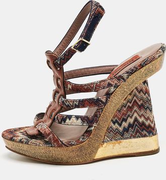Missoni Multicolor Zigzag Print Fabric And Leather Wedge Ankle Strap Sandals