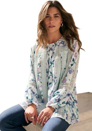 Roaman's Lace-Trim Blouson-Sleeve Top in Cloud Blue Watercolor at Nordstrom, Size 28