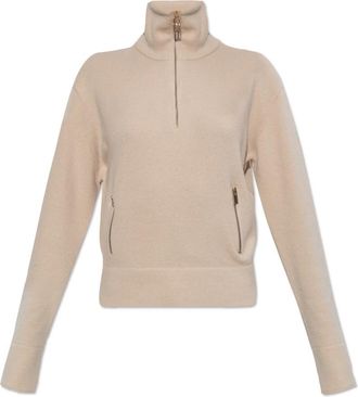 Victoria Beckham Half-Zip Milano Jumper - Dames - V-hals truien - Beige - XS - Wol - Truien & Vesten