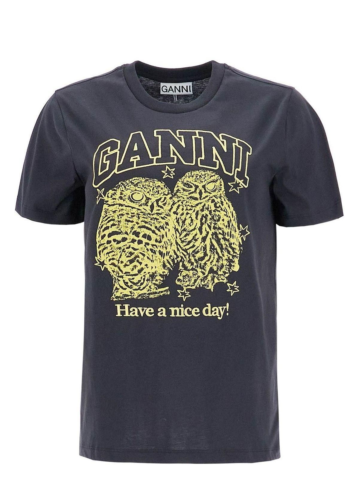Tシャツ・カットソー Ganni Stretch Logo Fit Short Sleeve T-Shirt Peapod T3352484 Phantom Black Poodle Graphic Cropped T-shirt | GANNI CA
