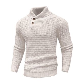 Generic Mens Winter Jumpers Warm Knitted Stand Collar Jumper Long Sleeve Knitwear Pullover Sweaters for Men Buttons Twisted Winter Tops (Beige, L)