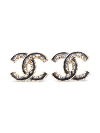 Chanel Orecchini CC Baroque placcati oro smaltati con chiusura a pressione 2014 - Nero