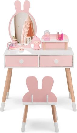 Costway Costway Tocador De Mauillaje Para Ni&ntilde;a, Juego De Mesa Y Silla Para Ni&ntilde;as, Escritorio Espejo 2 En 1 Para Maquillaje De Princesa, 2 Cajones Y Estante, J