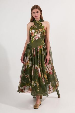 Karen Millen Womens Tall Garden Floral Viscose Georgette Satin Mix Slip Maxi Dress - Green - Size 12 UK