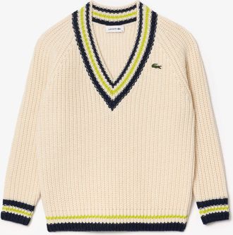 Lacoste Womens Oversized V-Neck Tennis Sweatshirt in Cream Wool - Size Large